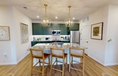 This thoughtfully designed 990-square-foot apartment offers 2 bedrooms, 2 bathrooms, and 2 closets across a single floor. The open-concept kitchen and living area serves as the heart of the home, showcasing sage-green shaker cabinetry, granite countertops, a large kitchen island with an undermount sink, a white subway tile backsplash, stainless steel appliances, and brass geometric pendant lighting — all set atop warm hardwood-style flooring. The adjoining living room features large windows with abundant natural light, a glass-paned exterior door, and a welcoming layout ideal for entertaining. The primary bedroom measures 160 square feet and includes a walk-in closet with built-in shelving. Its ensuite bathroom features a dual-sink vanity with granite countertops and green cabinetry, gold-accented mirrors, marble-look tile flooring, and a glass-enclosed walk-in shower with subway tile surround. The second bedroom is generously sized with hardwood-style floors and ample natural light. The second bathroom mirrors the same refined design aesthetic, with granite countertops, green vanity cabinetry, marble-look tile, and matte black hardware accents throughout.