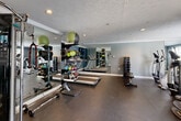 This fitness center offers a thoughtfully designed single-floor workout space suited for a wide range of exercise routines. The room features a two-tone color scheme, with deep navy accent walls contrasting against light gray surrounds, giving the space a clean, modern aesthetic. Crown molding and recessed lighting add a polished finish, while a textured ceiling completes the interior detail.

Floor-to-ceiling mirrors line one wall, visually expanding the space and allowing users to monitor their form during workouts. The durable dark rubber flooring provides excellent support and is well-suited for high-impact activity throughout the room.

Cardio equipment is well-represented, with multiple treadmills, an elliptical trainer, a stationary bike, and a balance board available for use. Strength training options are equally comprehensive, including a multi-functional cable machine, a full rack of dumbbells, kettlebells, medicine balls, resistance ropes, and various weighted accessories organized on dedicated storage racks.

Natural light filters in through several windows fitted with white shuttered blinds, particularly in the cardio area, where outdoor greenery is visible. A glass-paneled entry door adds to the sense of openness. The space also includes a towel rack, a waste bin, and wall-mounted informational signage, ensuring a fully functional and user-friendly environment.