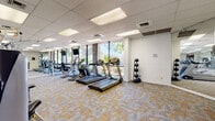 This fitness center offers a thorough and well-organized workout environment designed to accommodate a wide range of exercise needs. The space is anchored by a generous row of cardio machines, including multiple treadmills, elliptical trainers, and a recumbent bike, all from True Fitness — a professional-grade brand. These machines are positioned along a wall of floor-to-ceiling windows that flood the room with natural light and provide scenic views of mature palm trees and lush landscaping outdoors, creating an energizing atmosphere for exercise.

On the strength-training side, the facility is equipped with a robust selection of cable and resistance machines, including multi-functional units suitable for a full-body workout. Freestanding equipment such as medicine balls and dumbbells are neatly organized along the walls for easy access. Wall-mounted televisions are positioned above the cardio equipment for entertainment during workouts.

The interior features a drop ceiling with recessed panel lighting, textured walls painted in a clean white, and durable patterned carpeting throughout in earth tones. Glass partition walls delineate sections of the facility, adding a modern architectural touch while maintaining visual openness. A dedicated stretch and mat area is also present, with yoga mats stored on wall-mounted racks. A water cooler and posted facility guidelines complete the practical amenities of this comprehensively outfitted fitness space.