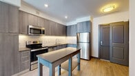 Located in the heart of Tysons at 1755 Tysons Central St, Vienna, VA, this contemporary one-bedroom, one-bathroom residence offers a thoughtfully designed layout with modern finishes throughout. Light wood-tone flooring flows through the open-concept living and kitchen areas, creating a bright and cohesive atmosphere.

The kitchen is a standout feature, outfitted with sleek gray wood-grain cabinetry, a white tile backsplash, stainless steel appliances including a range, microwave, dishwasher, and refrigerator, and dark countertops. An island provides additional prep space and casual dining potential. An in-unit stacked washer and dryer add everyday convenience.

The living area benefits from floor-to-ceiling windows that frame expansive views of the Tysons skyline and flood the space with abundant natural light. The bedroom continues this connection to the outdoors with its own floor-to-ceiling window wall offering sweeping urban views. Plush carpeting, direct access to a dedicated closet, and an adjacent bathroom complete the private quarters.

The bathroom features a wood-grain vanity with dark countertop, an undermount sink, a large mirror, and light tile flooring, maintaining the modern aesthetic found throughout the residence.