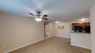 This single-floor space presents an open and functional layout designed for comfortable everyday living. The main living area is generously sized, featuring wall-to-wall beige carpeting that adds warmth underfoot. A multi-blade ceiling fan with an integrated light fixture is centrally mounted on the textured popcorn ceiling, providing both air circulation and ambient lighting throughout the space.

The neutral beige walls offer a clean, versatile backdrop, complemented by white baseboards that frame the room. A piece of wall art adds a subtle decorative touch. The open layout allows for a clear sightline into adjacent areas, including a kitchen visible to the right, which features dark cabinetry and a light-toned countertop, providing a practical contrast to the living space.

A hallway visible at the rear of the living area leads to what appears to be a bathroom, distinguished by white cabinetry and bright lighting. The overall design is straightforward and practical, with consistent finishes throughout that create a cohesive and neutral aesthetic suited to a variety of furnishing styles and personal tastes.