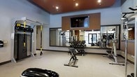 This fitness center offers a thoughtfully designed workout space finished with a contemporary aesthetic. The room features a striking two-tone ceiling with a warm rust-colored upper section accented by recessed lighting, contrasting with light gray walls to create a modern, energetic atmosphere. A large wall-mounted flat-screen television is positioned above an expansive mirror that spans much of one wall, visually enlarging the space and allowing exercisers to monitor their form. The flooring transitions between carpet and rubber mat sections, accommodating both equipment placement and dynamic movement exercises. The facility is outfitted with a full dumbbell rack carrying a range of free weights, an adjustable weight bench, and a TRX suspension training system mounted to the wall. Cardio equipment, visible in the mirror's reflection, is accessible toward the far end of the room. Natural light filters in through glass doors, adding brightness to the space. The overall layout is open and functional, providing ample room for both strength training and bodyweight exercises, making it a versatile facility suited to a variety of fitness routines.