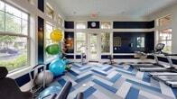 Located at Legacy Oaks Place in Asheville, North Carolina, this well-appointed fitness center delivers a comprehensive workout environment within a single, open-plan floor. The space is immediately distinguished by its soaring ceilings, large multi-pane windows lining multiple walls, and a bold navy and white striped color scheme that gives the interior a clean, energetic aesthetic. The eye-catching herringbone-patterned flooring in shades of blue, white, and gray ties the design together throughout.

The cardio zone is generously equipped with a row of treadmills, elliptical trainers, and recumbent bikes — all True Fitness brand machines — positioned to face the windows, allowing users to enjoy natural views of the surrounding greenery while exercising. Mounted flat-screen televisions are strategically placed throughout the space for entertainment during workouts.

The strength training area features a cable crossover machine, a full rack of dumbbells, and an adjustable weight bench, all reflected by a large floor-to-ceiling mirror that amplifies the sense of space. A dedicated functional fitness zone provides stability balls in multiple sizes, resistance bands, foam rollers, and kettlebells, along with a direct exterior door offering convenient access. Wall-mounted sconce lighting supplements natural light, ensuring the space remains bright and welcoming at all hours.