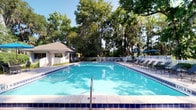 This outdoor pool area offers a resort-like retreat set beneath a canopy of tall, mature trees that provide natural shade and a serene, park-like atmosphere. The generously sized rectangular pool features vivid blue tile detailing along its edges and steps, with clear, well-maintained water that reflects the surrounding greenery and open sky. Depth markers are visible along the pool's edge, indicating a thoughtfully designed swimming environment suitable for a range of swimmers. The expansive pool deck is finished in neutral tiling and furnished with multiple lounge chairs and seating arrangements, inviting relaxation before or after a swim. A charming single-story cabana or pool house structure sits adjacent to the pool, featuring a covered porch with white railings, providing a shaded gathering space and likely housing amenities such as restrooms or equipment storage. A white perimeter fence encloses the area, ensuring privacy and safety. Blue patio umbrellas add a pop of color to one side of the deck. Together, these elements create a welcoming, well-appointed outdoor recreational space ideal for leisure and relaxation.