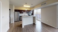 This well-appointed single-floor residence offers a thoughtfully designed layout that balances open communal spaces with comfortable private quarters. The living area is a standout, featuring rich hardwood-style flooring, a wall-mounted modern fireplace, and a sliding glass door that opens to a private balcony, allowing natural light to fill the space and providing pleasant outdoor views.

The kitchen is both functional and stylish, showcasing dark espresso cabinetry, granite-style countertops, a double-basin stainless steel sink, and a full suite of stainless steel appliances including a refrigerator, microwave, range, and dishwasher. A central island with pendant lighting above serves as an ideal space for casual dining or meal preparation, while seamlessly connecting to the living and dining area.

The bedroom is generously sized, featuring plush wall-to-wall carpeting and a built-in closet with sliding doors and integrated shelving and hanging rods for ample storage. A second door from the bedroom provides convenient access to adjacent spaces. The bathroom includes a full-size soaking tub and shower combination with clean white surrounds and chrome fixtures, offering a crisp, well-maintained aesthetic throughout. The overall ambiance is clean, modern, and move-in ready.