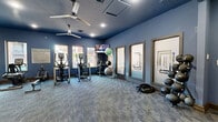 Located at 6969 Hollister St in Houston, TX, this fitness center offers a comprehensive workout facility designed to accommodate a wide range of exercise needs. The space is laid out across a single floor and is divided into two connected zones, allowing for a clear separation between cardio and strength training areas.

The main cardio area is generously sized, featuring multiple treadmills, elliptical trainers, a recumbent bike, and a stair climber. Large framed windows line the walls, flooding the room with natural light and offering views of the surrounding outdoor greenery. Ceiling fans provide additional airflow and comfort during workouts. A wall-mounted television keeps members entertained, while framed fitness charts and a posted fitness center policy board contribute to the room's functional character.

The secondary zone transitions into a strength and functional training area, equipped with a multi-station cable machine with TRX suspension straps, a full rack of dumbbells, medicine balls, battle ropes, and stability balls. Mirrored wall panels enhance the sense of space and support form-checking during exercises.

Throughout, the interior maintains a cohesive aesthetic with deep blue walls, a matching dark ceiling, recessed lighting, and durable patterned carpet flooring. A restroom is conveniently accessible from within the facility. The overall ambiance is modern, energetic, and well-suited for a dedicated fitness environment.