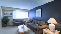 This single-floor space presents a welcoming and well-appointed living area designed with both comfort and style in mind. The living room serves as the centerpiece of the space, immediately drawing attention with its striking deep blue accent wall that adds a bold pop of color and depth to the room. Complementing this standout feature is a soft, neutral-toned carpet that grounds the space and enhances its cozy atmosphere.

Seating is generously arranged with two grey upholstered sofas adorned with patterned throw pillows, offering ample room for relaxing or entertaining. A clean, light-wood coffee table sits at the center, providing both functionality and a visual contrast to the darker tones in the room. A matching side table adds to the cohesive, casual aesthetic.

Natural light flows in through a large window fitted with white horizontal blinds, brightening the space and creating an airy feel. A classic table lamp provides warm ambient lighting for evening use. Wall art featuring a simple botanical illustration adds a subtle decorative touch against the blue wall.

The overall ambiance of the space is relaxed yet stylish, combining practical furnishings with thoughtful design choices that make it both livable and visually appealing.