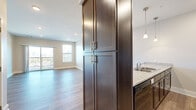 This well-appointed single-floor residence offers a thoughtfully designed open-concept layout that seamlessly connects the kitchen and living areas. The kitchen is a standout feature, showcasing rich dark-brown cabinetry with brushed nickel hardware, granite countertops, a tile backsplash, and a breakfast bar overhang illuminated by elegant pendant lighting. Black appliances, including a refrigerator, range, microwave, and dishwasher, complete the functional space. Hardwood-style plank flooring flows throughout the main living areas, adding warmth and continuity to the design. The living area is bright and open, drawing in natural light through large windows and a sliding glass door that leads to a private balcony with outdoor views. The bedroom is generously sized with hardwood-style flooring, additional windows, and access to a well-designed bathroom. The bathroom features dark vanity cabinetry, a granite-topped sink, tile flooring, and a tub-shower combination. A large walk-in closet with built-in shelving and hanging rods provides abundant storage. An additional walk-in closet with wire shelving offers even more organizational space. Recessed lighting throughout maintains a clean, modern aesthetic across the entire unit.