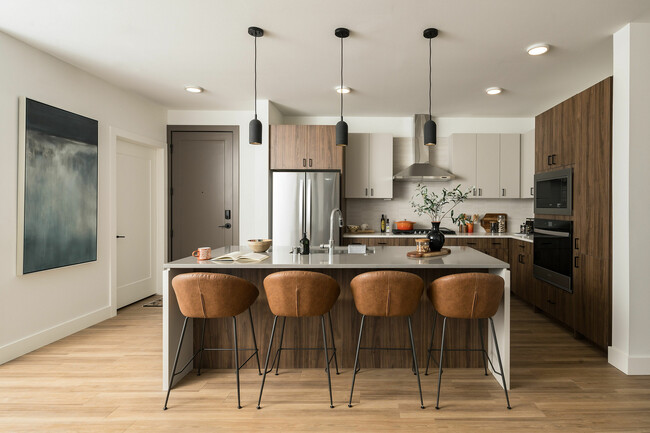 Experience the elegance and functionality of this modern kitchen. - Caroline Heights Apartments