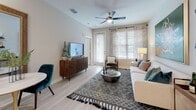 Located at 310 N Cattlemen Rd in Sarasota, Florida, this single-floor residence offers a thoughtfully designed layout with modern finishes and a cohesive aesthetic throughout. The kitchen is a standout feature, showcasing crisp white shaker cabinetry, subway tile backsplash, quartz countertops, and a full suite of stainless steel appliances, including a French door refrigerator, electric range with microwave, and dishwasher. A center island with bar seating provides additional prep space and a casual dining option, while light wood-style flooring and pendant lighting add warmth and style. An in-unit washer and dryer are conveniently tucked nearby. The living area is bright and welcoming, featuring a ceiling fan, large windows with natural light, and direct access to an outdoor space. The neutral palette is complemented by curated décor, creating a relaxed yet refined atmosphere. The bedroom is a tranquil retreat, highlighted by a bold teal accent wall, natural light from a large window, and light wood flooring. The bathroom offers a clean, functional design with a soaking tub and shower combination, a white vanity with ample storage, and open shelving. Throughout the residence, light-toned flooring, recessed lighting, and neutral walls create a bright, airy ambiance well-suited to Florida living.