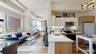 Located in the heart of White Plains, NY, this modern residence at 1 Martine Ave offers a thoughtfully designed open-concept floor plan that seamlessly connects the living, dining, and kitchen areas. The kitchen is outfitted with white upper cabinetry, warm wood-toned lower cabinets, a textured tile backsplash, stainless steel appliances, and a sleek white island that doubles as a casual dining space. The adjacent living and dining area is bathed in natural light through large floor-to-ceiling windows, revealing sweeping views of the White Plains skyline and surrounding greenery. Exposed ceiling beams add architectural character to the bright, airy living space. Hardwood flooring runs throughout the main living areas, contributing to a warm and cohesive aesthetic. The primary bedroom features wide windows with city views, hardwood floors, and generous wall space, while the second bedroom offers a similarly comfortable and well-lit retreat. Two full bathrooms are finished with large-format white tile, wood-toned vanities, and clean white countertops, conveying a crisp, contemporary feel. The overall design balances modern finishes with a welcoming ambiance, making this a refined urban living option in downtown White Plains.
