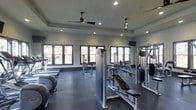 This fitness center offers a spacious, single-floor layout designed to support a full range of workout routines. The room is finished with durable dark rubber flooring, ideal for high-traffic exercise environments, and features neutral grey walls that lend a clean, modern aesthetic throughout.

Natural light streams in through multiple large, dark-framed windows along the walls, creating a bright and energizing atmosphere. Recessed ceiling lighting and pendant-style fixtures supplement the natural light, ensuring the space is well-lit at all times. A ceiling fan adds to the comfort of the environment during intense workouts.

The fitness center is outfitted with a diverse selection of equipment. A row of cardio machines, including ellipticals and treadmills, lines one side of the room, while a variety of cable and weight machines are positioned throughout the main floor space. A flat-screen television is mounted on the wall, providing entertainment during workouts.

The tray ceiling adds an architectural touch that elevates the overall design, giving the space a polished, upscale feel. The thoughtful layout ensures ample room to move between stations, making this fitness center both functional and comfortable for users of all fitness levels.
