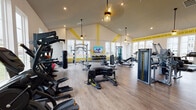 Hills on Fitness in Nashville, Tennessee is a thoughtfully designed fitness facility that combines energizing aesthetics with a comprehensive range of workout equipment. The space features soaring vaulted ceilings accented by bold yellow geometric stripes, recessed lighting, and stylish pendant fixtures that create a bright and inviting atmosphere throughout.

The facility is organized into distinct workout zones. The strength training area includes a power rack, dumbbell rack, weight benches, and a mounted flat-screen TV, all framed by large windows that invite natural light and outdoor views. A functional training zone offers kettlebells, medicine balls, a heavy punching bag, battle ropes, stability balls, and a large tractor tire for varied athletic conditioning.

The cardio section features a row of Matrix treadmills, stair climbers, and elliptical machines positioned along floor-to-ceiling windows overlooking the surrounding community. An adjacent enclosed room, separated by glass-paned French doors, houses additional cardio and cycling equipment. Motivational phrases are displayed prominently across the walls, reinforcing an upbeat and encouraging environment. Light wood-tone flooring runs consistently throughout, unifying the various training zones and contributing to the facility's clean, modern aesthetic.