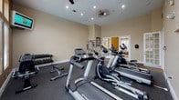 The fitness center is a thoughtfully designed single-floor space that offers a comprehensive workout environment. The room is characterized by warm beige and tan-toned walls, high ceilings with recessed lighting, and a ceiling fan that contributes to air circulation throughout the space. Large arched and grid-pane windows along one wall flood the interior with natural light while providing views of the surrounding outdoor area, creating an open and inviting atmosphere. French-style glass doors serve as the primary entry points, further enhancing the sense of openness.

The flooring consists of durable rubber gym matting, providing a safe and practical surface for exercise. Cardio equipment is well-represented, with multiple treadmills and elliptical trainers from Spirit prominently arranged across the floor. A multi-station cable and weight machine offers strength training options, while a dedicated dumbbell rack with a full range of free weights supports varied workout routines. A flat-screen television is mounted on the wall, and posted fitness rules provide guidance for users. The overall ambiance is clean, functional, and well-lit, making it a practical and comfortable facility for daily exercise.