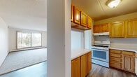 Located at 460 Fifth Ave N in Hopkins, Minnesota, this two-bedroom, three-bathroom home offers a practical and comfortable single-floor layout. The kitchen is well-appointed with warm honey-toned wood cabinetry, a gas range, white appliances including a dishwasher and refrigerator, and a pass-through counter that connects seamlessly to the dining area — ideal for everyday convenience. Hard surface flooring in the kitchen transitions naturally into the adjacent living spaces.

The living room is bright and welcoming, featuring plush carpeting, a sliding glass door that opens to a balcony, and a large window that fills the room with natural light and outdoor views of surrounding greenery. Each bedroom is carpeted and well-sized, with the primary bedroom offering generous proportions and ample closet space. A standout feature is the walk-in closet with dual shelving rods, providing excellent storage capacity. A second bedroom includes a window with outdoor views and baseboard heating.

Three bathrooms serve the home, including one with a standalone walk-in shower and tile flooring, and another featuring a wood-toned vanity with a wide mirror and overhead lighting. Throughout the home, warm wood trim accents neutral walls and textured ceilings, creating a cohesive and functional living environment.