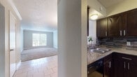 This single-floor residence offers a thoughtfully designed layout that balances comfort and functionality throughout. The kitchen is a standout feature, showcasing rich dark cabinetry paired with granite-style countertops, a striking stacked-stone tile backsplash, and black appliances including an electric range and refrigerator. Light tile flooring runs through the kitchen and dining area, providing a clean, easy-to-maintain surface. The adjacent dining and living areas are bright and welcoming, benefiting from natural light streaming through large windows with horizontal blinds. Crown molding and a pendant light fixture add a refined touch to the dining space, which transitions seamlessly from tile to plush carpet. The bedrooms are generously sized, each featuring wall-to-wall carpet, ceiling fans with light fixtures, and windows that allow natural light to filter in. Closet space is well accommodated, with at least one bedroom offering a standard closet with built-in rod and shelf. The bathroom includes a wide granite-topped vanity with dark cabinetry, an illuminated mirror, and a well-lit, functional layout. Textured ceilings are consistent throughout the unit, contributing to the overall character of this comfortable, move-in-ready space.