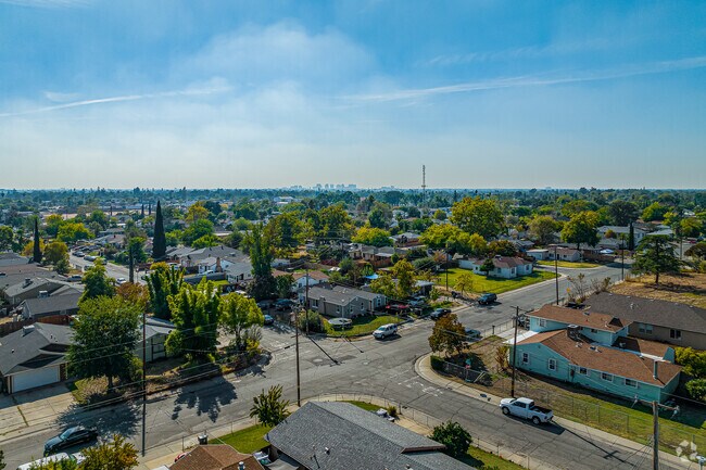 Downtown Sacramento sits in the distance viewed from above the Del Paso Heights Neighborhood.