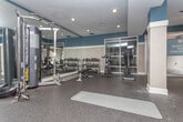 Located at Wesley Plantation Drive in Duluth, Georgia, this fitness center offers a well-equipped, single-floor exercise facility designed to support a comprehensive workout experience. The interior is finished with a sophisticated two-tone color scheme — deep navy walls above a neutral tan wainscoting — complemented by dark rubber flooring and recessed lighting that creates a focused, energetic atmosphere.

The space is thoughtfully divided into dedicated workout zones. A cardio area lines one wall with multiple Matrix treadmills and elliptical machines, each equipped with individual display consoles. Nearby, a multi-station cable machine and weight bench provide a dedicated strength training area, while a freestanding dumbbell rack with a full range of weights caters to free weight exercises. An exercise mat on the floor adds a space for stretching or bodyweight training.

Full-length mirrors span much of the wall space, amplifying the sense of openness and allowing users to monitor their form throughout their workout. Structural columns add a classic architectural touch to the interior.

Natural light flows in through large French doors with transom windows on two sides of the room, offering views of the surrounding outdoor areas and providing easy access to the exterior. The space is clean, organized, and well-maintained, making it a practical and inviting fitness amenity.
