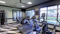 This fitness center offers a thoughtfully designed workout space that combines functionality with a polished aesthetic. The room is outfitted with a suite of Matrix-brand cardio equipment, including treadmills, elliptical trainers, stair climbers, and a stationary bike, providing a comprehensive range of options for cardiovascular exercise. The bold black-and-white checkered flooring adds a striking visual element that anchors the space with a classic yet dynamic character. Large multi-pane windows line the walls on multiple sides, flooding the interior with natural light and offering views of the surrounding greenery, creating an inviting and energizing atmosphere. Ceiling fans are mounted overhead, ensuring comfortable air circulation throughout workouts. The dark-trimmed windows and contrasting wall tones lend the space a clean, modern look. A posted fitness center policy board is visible on the wall, indicating an organized and well-managed facility. The single-floor layout keeps everything accessible and easy to navigate, making this a practical and attractive space for daily fitness routines.