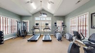 This single-floor fitness center offers a thoughtfully designed workout environment housed beneath a dramatic vaulted ceiling that creates an open, airy atmosphere. The architectural centerpiece is the steeply pitched ceiling, which peaks at the center of the main exercise area and is complemented by ceiling fans that promote air circulation throughout. Large windows with louvered shutters line the walls, including a prominent arched transom window at the front, filling the space with natural light and providing outdoor views.

The main workout area is carpeted and features a comprehensive selection of cardio equipment, including multiple treadmills and elliptical machines, each equipped with individual display screens. A multi-station strength training machine, free weights, and a dumbbell rack are positioned along one wall, while exercise balls, resistance equipment, and yoga mats are organized in a dedicated functional training zone.

Adjacent to the main floor is a smaller secondary room, accessible through glass-paneled French doors, which appears to serve as a children's area or small lounge space. A mini-refrigerator and wall-mounted shelving add practical utility to the facility. The sage-green walls, abundant lighting, and generous floor area collectively create an inviting and functional fitness environment.