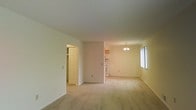 This single-floor space features an open-concept layout that connects the living area to the dining and kitchen zones. The living area is finished with wall-to-wall carpet in a neutral beige tone, contributing to a warm and understated ambiance throughout. Smooth, cream-colored walls and white painted trim provide a clean, cohesive look, while a textured ceiling adds subtle visual interest overhead.

A partial wall divides the living space from the dining area, which is anchored by a modest chandelier that provides focused overhead lighting. A window along the dining area's side wall allows natural light to filter in, brightening the space. The kitchen, visible beyond the partial divider, features wood-toned upper cabinetry and includes a white range, giving it a functional and straightforward character.

A doorway on the opposite side of the living area opens to what appears to be a closet or storage space with built-in shelving, offering useful organization options. The overall layout is practical and efficiently arranged, with each zone flowing naturally into the next. The neutral color palette and simple finishes create a versatile, move-in ready environment.