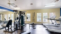 This well-equipped fitness center in Nashville, Tennessee offers a dedicated space for residents to pursue their health and wellness goals. The room features a vibrant blue accent wall paired with soft yellow walls, creating an energetic yet welcoming atmosphere. Crown molding and a ceiling fan add a polished architectural touch, while rubber flooring throughout provides durability and comfort underfoot.

Natural light pours in through multiple windows, offering views of the surrounding outdoor area, and elegant French doors connect the space to adjacent rooms, enhancing its open feel. Large wall mirrors on one side amplify the sense of space and allow users to monitor their form during workouts.

The fitness center is outfitted with a comprehensive selection of equipment, including multiple treadmills, elliptical machines, and a multi-station cable strength machine with adjustable benches. A dumbbell rack with free weights and additional benches provide ample options for strength training. An inspirational typography wall mural featuring words like "Strength," "Focus," "Health," and "Achieve" reinforces the motivational ambiance of the space.

Overhead fluorescent lighting ensures the room remains well-lit at all hours, complementing the natural light from the windows. This fitness center is thoughtfully designed to support a complete workout routine in a clean, well-maintained environment.