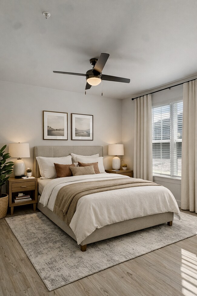 Puesta en escena del dormitorio del aserradero - Residences at Sawmill