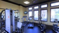 This single-floor fitness room is designed to provide a well-equipped workout environment within a modest footprint. The space features dark-toned flooring that contrasts with warm yellow-beige walls accented by dark crown molding and window trim, giving the room a defined, polished aesthetic. A row of large windows along one wall, fitted with horizontal blinds, allows ample natural light to fill the space while offering views of the surrounding greenery outside. Transom windows above further enhance brightness and contribute to an open, airy atmosphere despite the room's compact size. A ceiling fan with an integrated light fixture provides ventilation and additional illumination. The fitness area is equipped with multiple treadmills, an elliptical machine, and a multi-function strength training rack, catering to both cardio and resistance training needs. A wall-mounted flat-screen television is positioned for easy viewing during workouts. Full-length mirrors line one wall, visually expanding the space and allowing users to monitor their form. The dark rubber flooring is both durable and practical, ideal for a high-traffic exercise environment.