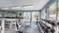 This fitness center is a dedicated, single-floor exercise space designed to support a full strength-training regimen. The room is finished with soft teal-toned walls and patterned, multi-colored carpet flooring that adds visual interest while providing a practical workout surface. A textured ceiling hosts multiple flush-mounted fluorescent light panels, ensuring bright, even illumination throughout the space.

Large windows along one wall allow ample natural light to fill the room and offer views of the surrounding outdoor grounds and greenery, creating an open, airy atmosphere despite the compact footprint. Full-length mirrors span an entire wall, visually expanding the space and allowing users to monitor their form during exercise.

The equipment selection is notably comprehensive for the space's size. A substantial rack of hex dumbbells provides a wide range of free weight options, while multiple weight benches and barbell racks support a variety of pressing and lifting exercises. Several cable and resistance machines with distinctively colored frames are positioned throughout, enabling targeted muscle group training. A wall-mounted display and posted safety information reflect a well-maintained, safety-conscious environment. Overall, the space delivers a functional and well-organized fitness experience.