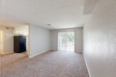 Located at 910 S Ivory Cir in Aurora, Colorado, this single-floor, one-bedroom, one-bathroom residence offers a well-organized and functional layout. The living area is carpeted and bathed in natural light through a full-width sliding glass door fitted with vertical blinds, which opens to an outdoor view. A textured ceiling adds character throughout the main living space, which flows openly toward the kitchen area. The galley-style kitchen is well-appointed with white cabinetry, granite-style countertops, wood-look vinyl flooring, and black appliances including a refrigerator, electric range, built-in microwave, and dishwasher. A window above the sink brings in additional natural light. The bedroom is a generously sized, carpeted room featuring a closet with bifold doors, neutral gray walls, and a textured ceiling. A window provides natural light and ventilation. The full bathroom includes a single-sink vanity with white cabinetry and granite-style countertop, a tub-shower combination, and wood-look vinyl flooring, presenting a clean and updated aesthetic. A hallway connects the rooms and provides additional storage access. The overall color palette is neutral throughout, creating a cohesive and move-in ready environment.