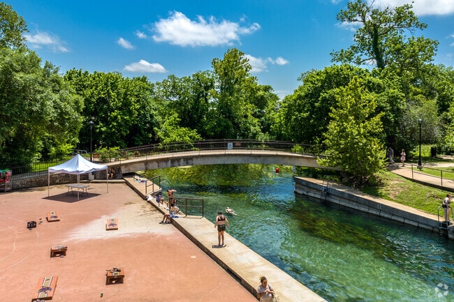 San Marcos River Next To Sewell Park In The Uptown Neighborhood Of San Marcos, TX.