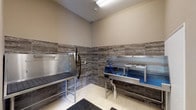 This single-level pet wash facility is purpose-built for grooming and bathing pets with efficiency and cleanliness in mind. The room is finished with large-format, light-toned porcelain floor tiles and a bold horizontal band of textured stone-look wall tiles that run along the lower half of all walls, adding a polished, durable aesthetic suited to a high-use environment.

At the core of the space are two stainless steel grooming surfaces: a perforated-top grooming table ideal for drying and brushing, and a dedicated wash basin equipped with a coiled blue hose, a mounted handheld sprayer, and a central drain for efficient water management. A wall-mounted blow dryer attachment and shelving brackets offer additional grooming utility. Anti-fatigue rubber mats are positioned at key standing areas, enhancing comfort during use.

Overhead, recessed fluorescent lighting provides bright, even illumination throughout the room. A glass-paneled entry door allows natural light to filter in, and posted usage guidelines are clearly visible near the entrance. The neutral taupe wall color, combined with the stone-tile detailing, creates a clean and functional environment that balances practicality with a well-designed finish.