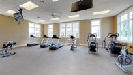 This fitness center is a comprehensively outfitted single-floor facility designed to support a wide range of workout routines. The space is organized into distinct functional zones, each tailored to a specific type of exercise.

The primary cardio area features multiple treadmills aligned along a wall of large, white-framed windows that invite abundant natural light and provide outdoor views. An upright stationary bike and a cable-style elliptical or stair machine round out the cardio equipment selection. A ceiling-mounted television and a ceiling fan add to the comfort of this zone, which is finished with neutral carpeting and warm beige walls.

A dedicated strength and free weights area offers spin bikes, medicine ball storage racks, dumbbells in various weights, and a stability ball, set against bold, golden-yellow walls with additional large windows overlooking a green outdoor landscape.

The main strength training room is the most expansive area, housing a multi-function cable machine, a flat weight bench, a rowing machine, and free-weight accessories. Full-length wall mirrors amplify the sense of space and allow users to monitor their form. Blue exercise mats are available for stretching and floor work. French doors and white-trimmed windows maintain visual connectivity throughout the facility, creating a bright, open, and motivating environment for exercise.