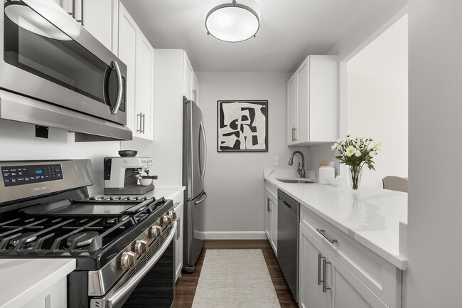 Sleek modern kitchen, statuario quartz countertops, six burner gas stove, stainless steel appliances at Parkside Place, apartments in Cambridge, MA - Parkside Place Apartments