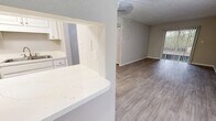 This renovated 2-bedroom, 1-bathroom apartment at Heritage Cove in Temple Terrace, FL offers 630 square feet of thoughtfully laid-out single-floor living space. The unit features consistent wood-look laminate flooring throughout, neutral warm-beige walls, crisp white baseboards, and textured ceilings that together create a clean, cohesive aesthetic.

The living room is a generously sized area highlighted by a sliding glass door with vertical blinds that invite abundant natural light and provide outdoor views of surrounding greenery. A secondary access point with a security door adds convenience and additional ventilation options.

Both bedrooms are well-proportioned, each equipped with a window fitted with horizontal blinds that frame views of the lush exterior. The primary bedroom measures 140 square feet and includes a built-in closet with sliding doors and a hanging rod for practical storage. The second bedroom also features a sliding closet and a bright corner window.

The bathroom is finished with large-format neutral tile surrounding a full soaking tub and shower combination, complemented by wood-look flooring that ties into the rest of the unit. A hallway connects the main living areas, completing this efficient and move-in-ready floor plan ideal for comfortable apartment living.