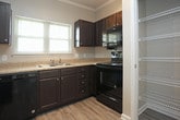 Located at 200 Governors Ct in Cartersville, Georgia, this single-floor home offers a well-designed layout with a variety of thoughtful finishes throughout. The living area makes a strong impression with soaring vaulted ceilings and a central pendant light fixture, creating an open and airy atmosphere. Plush carpeting adds warmth underfoot, while neutral wall tones keep the space feeling bright and versatile.

The main living space flows into a sunlit room featuring a trio of tall windows that allow abundant natural light to pour in, complemented by vaulted ceilings and a ceiling fan — ideal for relaxing or entertaining. The U-shaped kitchen is well-appointed with dark espresso cabinetry, granite-style countertops, a double basin sink, wood-look flooring, and black appliances, offering both function and style.

Additional carpeted rooms provide comfortable, private spaces, each with ceiling fans and ample window coverage for natural light. The bathroom features rich dark cabinetry with granite countertops, a large vanity mirror, and durable wood-look flooring for a clean, polished look. A dedicated laundry room includes washer and dryer hookups, overhead wire shelving, and a water heater, providing practical utility space. Throughout the home, consistent use of wood-look flooring and neutral tones creates a cohesive and inviting living environment.