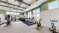 Located at Lakeview Ridge Circle in Apopka, Florida, this expansive single-floor fitness center is thoughtfully designed to support a comprehensive workout experience. The facility features soaring ceilings accented by exposed beam detailing and large ceiling fans, contributing to an open, airy atmosphere throughout the space. Walls are finished in a two-tone scheme of sage green above white wainscoting, lending the interior a fresh, modern aesthetic.

Large multi-pane windows line the perimeter, flooding the facility with generous natural light and offering pleasant outdoor views of the surrounding Florida landscape. The main workout floor is finished with light, neutral tile in a herringbone pattern, providing a clean and durable surface underfoot.

The cardio zone is well-stocked with a full lineup of TRUE-brand treadmills, ellipticals, stair climbers, and cycling bikes. An extensive free weights area features a full dumbbell rack backed by floor-to-ceiling mirrors, accompanied by adjustable benches and a wall-mounted television. Functional training is supported by a dedicated zone equipped with kettlebells, medicine balls, battle ropes, resistance equipment, and rowing machines. Additional cable and strength machines are distributed throughout the space. French doors provide convenient entry and exit, completing this bright and fully outfitted fitness facility.