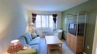 This single-floor space features a compact yet functional living area designed for comfortable daily use. The living room serves as the central gathering space, highlighted by a large window adorned with floral and dark curtain panels that frame views of surrounding trees, allowing ample natural light to brighten the room. The walls are painted in a combination of soft cream and muted sage green, creating a calm, welcoming atmosphere. Neutral-toned carpet runs throughout, adding warmth underfoot. The room comfortably accommodates a light blue sofa and a matching armchair, arranged around a simple wooden coffee table with a lower shelf for storage. A wall-mounted unit houses a television alongside a wooden media cabinet, offering practical storage and entertainment solutions. A floor lamp in the corner provides additional ambient lighting. A through-the-wall air conditioning and heating unit beneath the window ensures year-round climate control. An open metal shelving unit on the accent wall provides display and storage space. Overall, the space presents a modest, livable environment with a relaxed, homey character suited for everyday comfort.