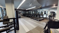 This fitness center offers a thoughtfully designed, single-floor space that combines functionality with a polished aesthetic. The room is anchored by a generous row of Matrix-brand cardio equipment, including treadmills and elliptical trainers, arranged in a uniform line to maximize floor space and ease of movement. Full-length mirrors line one wall, enhancing the sense of openness and allowing users to monitor their form during exercise. The flooring features a striped, multi-tone pattern in neutral grays and beiges, contributing to the clean, contemporary feel of the space. Overhead, a recessed ceiling detail is outlined with curved LED strip lighting that adds a modern architectural accent, complemented by ceiling fans that support air circulation throughout the room. Additional strength and cable equipment, including a Matrix cable machine, is positioned toward the front, indicating a well-rounded facility suited for both cardio and resistance training. Natural light filters in through windows along one side, brightening the interior and connecting the space to the outdoors. The overall ambiance is sleek, bright, and purpose-built for an effective fitness environment.