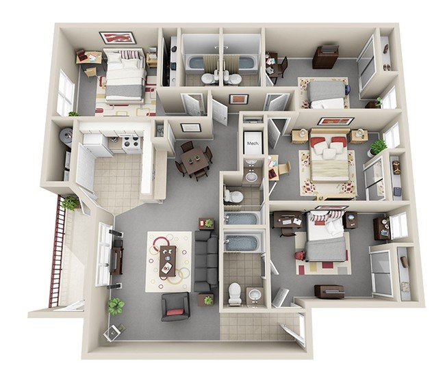 Plano de planta de 4 habitaciones - Riverwind at Alafaya Trail