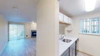 This well-appointed single-floor residence offers a clean, modern aesthetic throughout its thoughtfully designed layout. Light wood-style flooring flows seamlessly across the living areas, creating a cohesive and inviting atmosphere. The living room serves as the heart of the space, anchored by a contemporary tile-surround fireplace with a sleek black insert. Natural light fills the room through windows fitted with vertical blinds, while a sliding glass door provides additional brightness and access to the outdoors. The kitchen is efficiently designed in a galley style, featuring crisp white upper cabinetry, two-tone lower cabinetry in a cool grey finish, white countertops, a stainless steel double-basin sink, and a suite of black appliances including a refrigerator, microwave, and electric range. A pass-through window connects the kitchen to the adjacent dining or living area, enhancing the open feel of the space. The bedroom is generously sized with a large window that frames a leafy outdoor view, complemented by light flooring and a ceiling-mounted light fixture. The bathroom is finished with a grey vanity cabinet, white countertop, a well-lit vanity mirror, and accessibility-friendly grab bars. A hallway with a closet connects the rooms, completing this functional and attractive single-level layout.