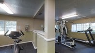 This single-floor fitness facility is designed to accommodate a range of workout needs within a compact yet functional layout. A prominent structural column naturally divides the space into two distinct zones, each serving a different exercise purpose. The left zone is dedicated to cardio equipment, including a stationary bike, and features a built-in counter shelf along the wall — useful for placing personal items or small devices during a workout. A safety or informational board is mounted on the wall nearby, adding a practical touch to the area. The right zone houses a multi-station strength training machine, offering users the ability to perform a variety of resistance exercises. A weight bench with an adjustable rack is also positioned in this area, complementing the strength training setup. A window on the far wall brings in natural light, contributing to a more open and comfortable atmosphere. The flooring throughout is carpeted in a neutral tone, providing cushioning underfoot and reducing noise. The textured walls are painted in a warm beige, and fluorescent lighting ensures the entire space remains well-lit. Overall, the room offers a straightforward and practical environment for both cardio and strength-focused workouts.