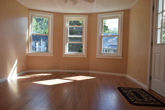 Bright freshly painted living room with lots of natural light, overhead lighting, ceiling fan, cable hookups, and ample outlets. - 8 Grand Street