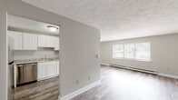 This single-floor unit offers a clean, functional layout with a neutral color palette and wood-look vinyl flooring that flows throughout the main living areas. The open living room is bathed in natural light through a large picture window, complemented by a baseboard heating system and a wall-mounted air conditioning unit, ensuring year-round comfort. A textured ceiling adds character to the space. The adjacent kitchen is efficiently designed in an L-shaped configuration, featuring crisp white shaker-style cabinetry, light granite countertops, a stainless steel sink, and a full suite of stainless steel appliances including a refrigerator, electric range, over-the-range microwave, and dishwasher. The bathroom is outfitted with a full soaking tub and shower combination, a toilet, built-in shelving nook, and matching wood-look flooring for a cohesive aesthetic. The bedroom is finished with soft wall-to-wall carpeting and includes a generously sized reach-in closet with a full-width hanging rod, providing ample storage. The overall design is practical and well-maintained, making this a straightforward and comfortable single-level living space.
