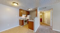 Located at 833 Misty Hallow Ln. in Columbus, Ohio, this one-bedroom, one-bathroom unit offers a practical and efficient single-floor layout. The combined kitchen and living area serves as the heart of the home, featuring warm honey-toned wood cabinetry, light granite-style countertops, and white appliances including a range, refrigerator, and dishwasher. The kitchen is finished with light tile flooring and offers ample cabinet storage on both sides of the galley-style workspace, complete with a stainless steel sink. A half-wall peninsula separates the kitchen from the carpeted living area, creating a natural flow between the two spaces. The living room is open and well-proportioned, with neutral gray walls and textured ceilings throughout. The bedroom is a comfortable size, carpeted, and features a window with blinds that allows natural light to fill the room, creating a bright and airy feel. A dedicated closet provides convenient storage. The bathroom includes a full soaking tub and shower combination with chrome fixtures, a toilet, and tile flooring. A hallway connects the main living spaces, while an entrance area welcomes you into the home. The neutral color palette and consistent finishes throughout give the unit a clean, cohesive look.