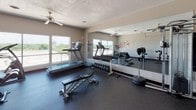 Located at 111 Grafton Ave in Dayton, Ohio, this fitness center offers a well-equipped, single-floor space designed to support a comprehensive workout experience. The facility is thoughtfully organized to accommodate a wide range of exercise needs, from cardio to strength training.

The cardio section features multiple treadmills, stationary bikes, a recumbent bike, and an elliptical trainer, all positioned near large windows that frame elevated views of the surrounding Dayton skyline and treetops, providing an energizing backdrop during workouts. Natural light flows generously throughout the space, creating a bright and motivating atmosphere.

The strength training area is well-stocked with a multi-function cable machine, a full rack of dumbbells, weight benches, medicine balls, and a speed bag, catering to both beginners and experienced athletes. A large wall-mounted mirror spans one side of the room, enhancing the sense of space and allowing users to monitor their form.

The flooring throughout is durable rubber gym matting, ideal for high-impact activity. Ceiling fans are installed throughout to maintain comfort during intense sessions. A decorative cherry blossom wall mural adds a striking visual element, giving the space a distinctive and welcoming character. Glass partition walls provide visual openness to an adjacent recreation area, adding to the overall sense of connectivity within the facility.