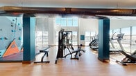 Located at 2485 Bravery Heights in Colorado Springs, CO, this fitness center offers a comprehensive and thoughtfully designed exercise space. The facility's most striking architectural feature is its soaring double-height ceiling, which creates an open, airy atmosphere and is complemented by large windows that flood the floor with natural light and provide views of the surrounding community.

The exercise area is equipped with a diverse range of fitness amenities to support varied workout routines. A standout feature is the built-in rock climbing wall, adorned with colorful holds and set against a bold teal accent wall, providing a unique and engaging training option. The facility also houses a multi-station cable machine, adjustable weight benches, a dumbbell rack with a full selection of free weights, and cardio equipment including stair climbers and treadmills.

The flooring throughout is warm hardwood-style, offering both durability and a clean aesthetic. Exposed industrial ductwork running along the ceiling adds a modern edge to the design. Glass-paneled doors provide entry and separation between zones, while mirrors along one wall enhance the sense of space. A small utility counter with storage is also present, adding functional convenience to the well-rounded facility.
