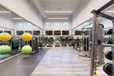 Located at 5250 Duke St in Alexandria, Virginia, this fitness center offers a thoughtfully designed, single-floor workout space that accommodates a comprehensive range of exercise equipment. The room features impressively high ceilings accented by exposed rustic wood beams and sleek linear LED lighting, creating a bright and energizing atmosphere. Large floor-to-ceiling mirrors line the walls, visually expanding the space and allowing users to monitor their form during workouts. A row of clerestory windows along the upper walls invites natural light to fill the room throughout the day. The flooring transitions between light wood-tone vinyl planking in the open areas and darker rubber matting in the dedicated strength and free-weight zones, providing both aesthetic appeal and functional safety. The cardio section is equipped with multiple treadmills, ellipticals, and stationary bikes, each featuring individual display screens. The strength training area includes a selection of cable machines, weight stack units, and a dumbbell rack with a full range of weights. Stability and flexibility accessories, including large exercise balls in vibrant yellow and green, are also on hand. The overall ambiance is clean, modern, and welcoming, making this fitness center a well-rounded facility suited for a variety of workout routines.