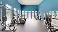 Located at 4201 Runner Loop in Chester, Virginia, this single-floor fitness center offers a comprehensive workout environment designed to accommodate a wide range of exercise routines. The space is immediately distinguished by its bold blue walls and soaring ceilings, which lend an energetic and open atmosphere throughout.

Large floor-to-ceiling windows line multiple walls, flooding the interior with natural light while providing views of an outdoor pool area and the surrounding community. This connection to the outdoors enhances the overall workout experience, keeping the space feeling bright and airy.

The main exercise area is generously proportioned, featuring a full array of cardio equipment including treadmills, elliptical machines, and a rowing machine arranged along the windowed walls. On the opposing side, a dedicated strength training zone includes a multi-station cable machine, a rack of dumbbells spanning a wide weight range, weight benches, and wall-mounted mirrors that visually expand the space and assist with form. Recessed lighting and mounted spotlights complement the natural light throughout.

Durable speckled rubber flooring covers the workout area, providing both safety and resilience. A dual-level water fountain and bottle-filling station is conveniently integrated into the facility, and a wall-mounted television adds an entertainment element for cardio sessions.