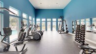 Located at 4201 Runner Loop in Chester, Virginia, this single-floor fitness center offers a comprehensive workout environment designed to accommodate a wide range of exercise routines. The space is immediately distinguished by its bold blue walls and soaring ceilings, which lend an energetic and open atmosphere throughout.

Large floor-to-ceiling windows line multiple walls, flooding the interior with natural light while providing views of an outdoor pool area and the surrounding community. This connection to the outdoors enhances the overall workout experience, keeping the space feeling bright and airy.

The main exercise area is generously proportioned, featuring a full array of cardio equipment including treadmills, elliptical machines, and a rowing machine arranged along the windowed walls. On the opposing side, a dedicated strength training zone includes a multi-station cable machine, a rack of dumbbells spanning a wide weight range, weight benches, and wall-mounted mirrors that visually expand the space and assist with form. Recessed lighting and mounted spotlights complement the natural light throughout.

Durable speckled rubber flooring covers the workout area, providing both safety and resilience. A dual-level water fountain and bottle-filling station is conveniently integrated into the facility, and a wall-mounted television adds an entertainment element for cardio sessions.